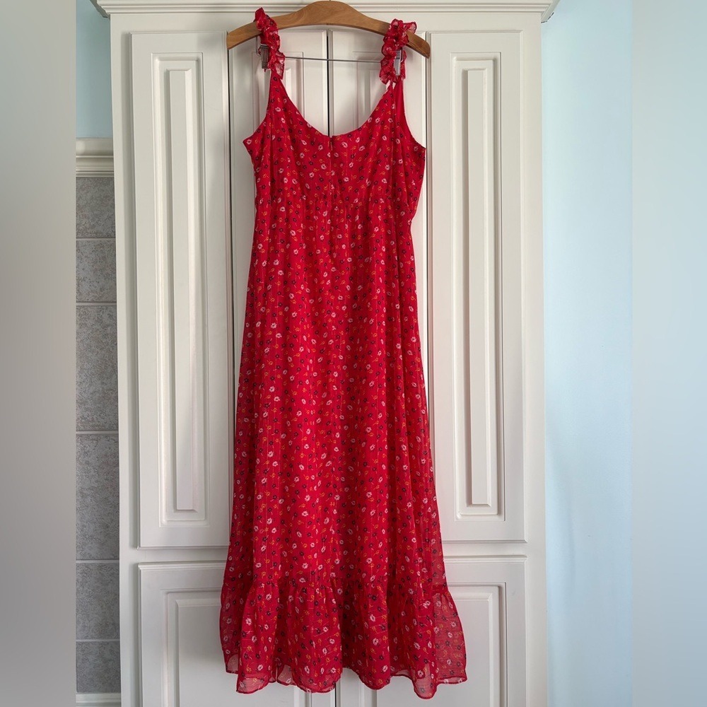 Madewell Red Floral Sleeveless VNeck Ruffle Lined Summer Dress Size 16 - Picture 7 of 10